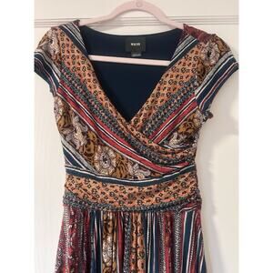 Maeve Anthropologie Mixed Print Surplice Midi Dress Red Teal XS Boho Cap Sleeve